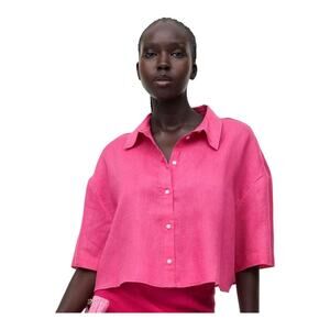 H&M Linen Oversize Button Up Blouse Size M Pink